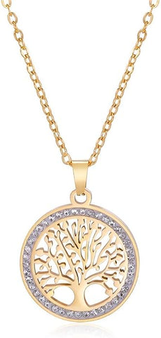 Necklace  Round Life of Tree Pendant  Gold with Zircon border