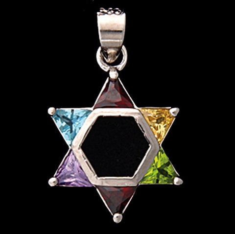 Necklace Sterling Silver Star of David Multi-colored stones N-4