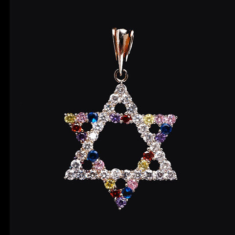 Necklace Sterling Silver Star of David Multi-colored stones N-67