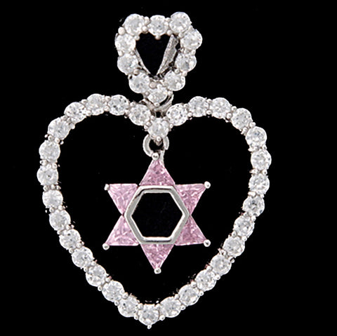 Necklace Sterling Silver Pink Star of David inside heart of white stones N-7