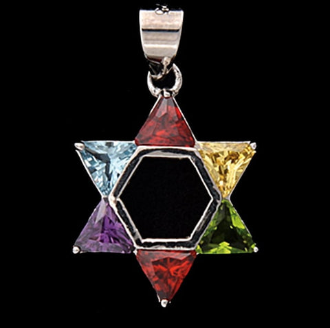 Necklace Sterling Silver Star of David Multi-colored stones N-9