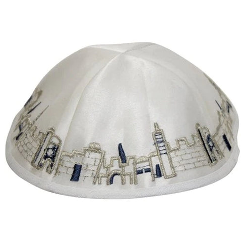 Kippah White Satan with Multiple Colored Embroidery  SC205