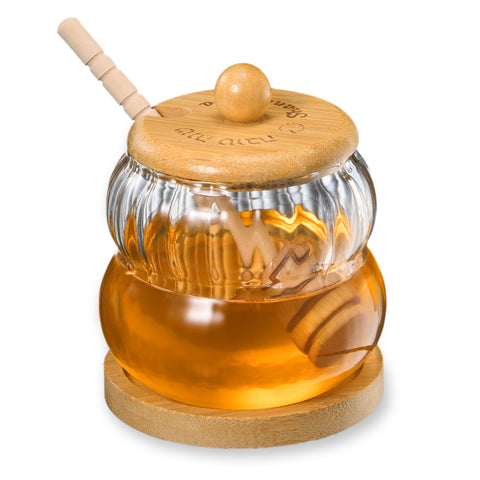 Rosh Hashanah Glass Honey Jar with Wood Lid & Stand and Honey Dipper