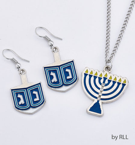 Chanukah Set of Dreidel Earrings & Menorah Necklace in a Gift Box TYN-11